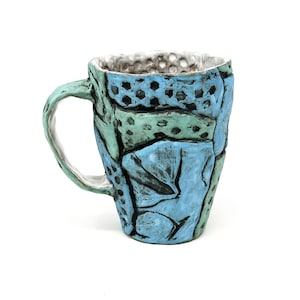 Tasse botanique bleue et verte en grès - Tasse en céramique patchwork texturé