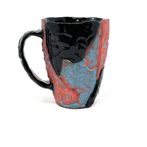 Black Botanical Stoneware Mug – Textured Patchwork Ceramic Cup