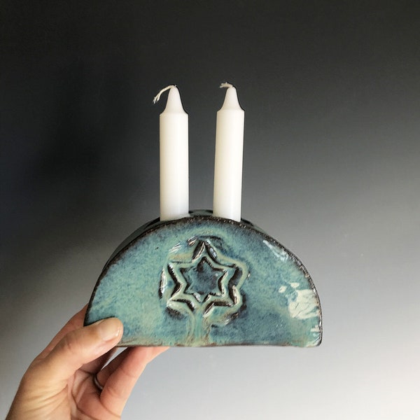 Shabbat Candle Holder & Cup Set in Turquoise, Handmade Ceramic Shabbat Candlesticks w/ Kiddush Cup, Candlestick Holders, Jewish Gift