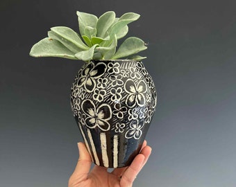 Black & White Handmade Ceramic Flower Vase, Wheel-thrown Hand-carved Modern Vase, "Medium," Decorative Vase, Stoneware Vase, Sgraffito Vase