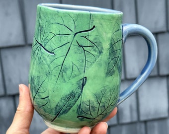 Green Leaf Mug, Ceramic Coffee Mug, Handmade Stoneware Mug, Pottery Coffee Mug, Wheel-thrown Mug, Gardening Mug, Plant/Nature Mug