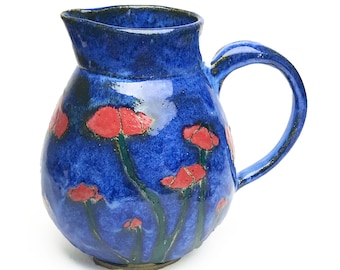 Handmade Stoneware Pitcher: "Poppies" Ceramic Water Jug