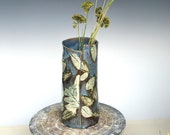 Tall Blue Vase, with Leaves, Handmade Ceramic Vase, Large Pottery Vase, Decorative Vase, Colorful Stoneware Vase, Unique Vase