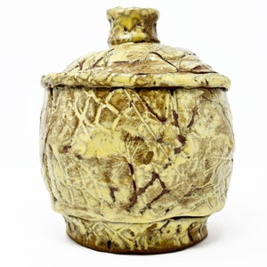 以下が含まれることがあります： 葉の模様が刻まれた、テクスチャのある表面を持つ、黄色のセラミック製の壺と蓋。壺は丸みを帯びたボディとわずかに広がった開口部を持っています。