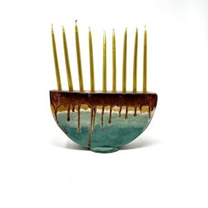 Handmade Ceramic Hanukkah Menorah: Bronze Drip Design