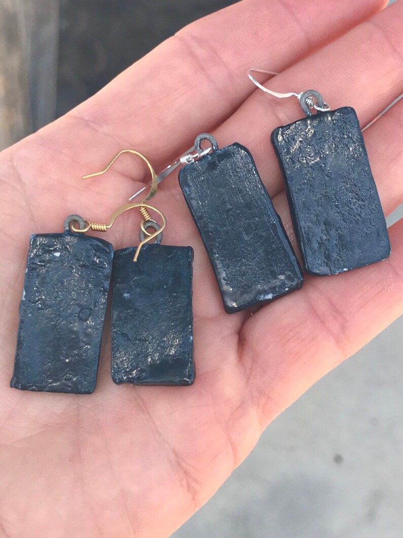 Handmade Ceramic Earrings with Geometric Design Rustic Artisan Earrings Statement Earrings Blue Rectangular Drop Earrings