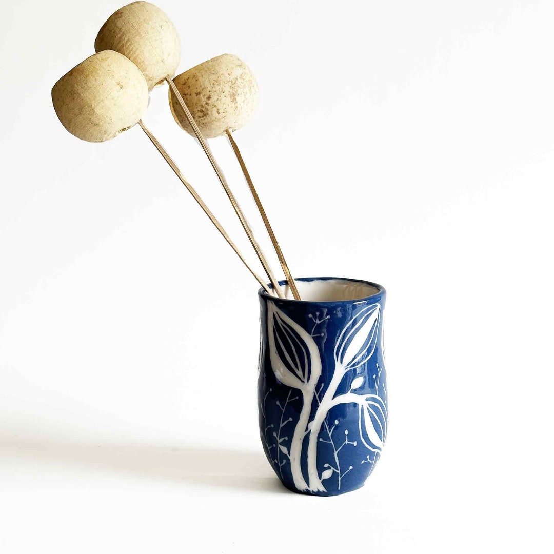 Handmade Blue & White Porcelain Vase: Sgraffito Botanical Decor - Etsy