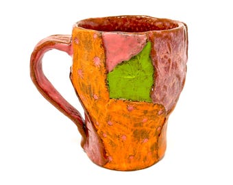 Handmade Patchwork Mug – Colorful Ceramic Coffee Cup with Green Accent