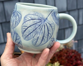 Ceramic Coffee Mug, Icy Blue Botanical Mug, Handmade Stoneware Mug, Pottery Coffee Mug, Wheel-thrown Mug, Gardening Mug,Plant/Nature Mug