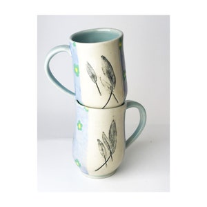 Handmade Stoneware Coffee Mug: Botanical Leaf Print, Baby Blue