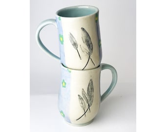 Handmade Stoneware Coffee Mug: Botanical Leaf Print, Baby Blue