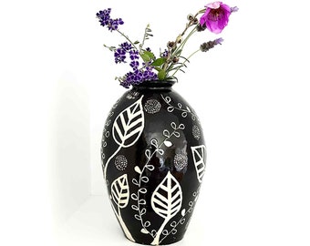 Large Black and White Ceramic Vase, Large Flower Vase with Leaf Design, Handmade Stoneware Vase, Modern Decorative Vase, Large Pottery Vase