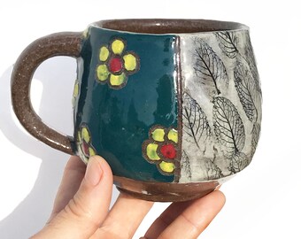Handmade Stoneware Coffee Mug: Botanical Flower & Leaf Design
