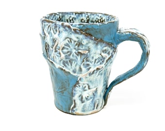 Handmade Blue & Turquoise Stoneware Coffee Mug: Botanical Textured Pottery