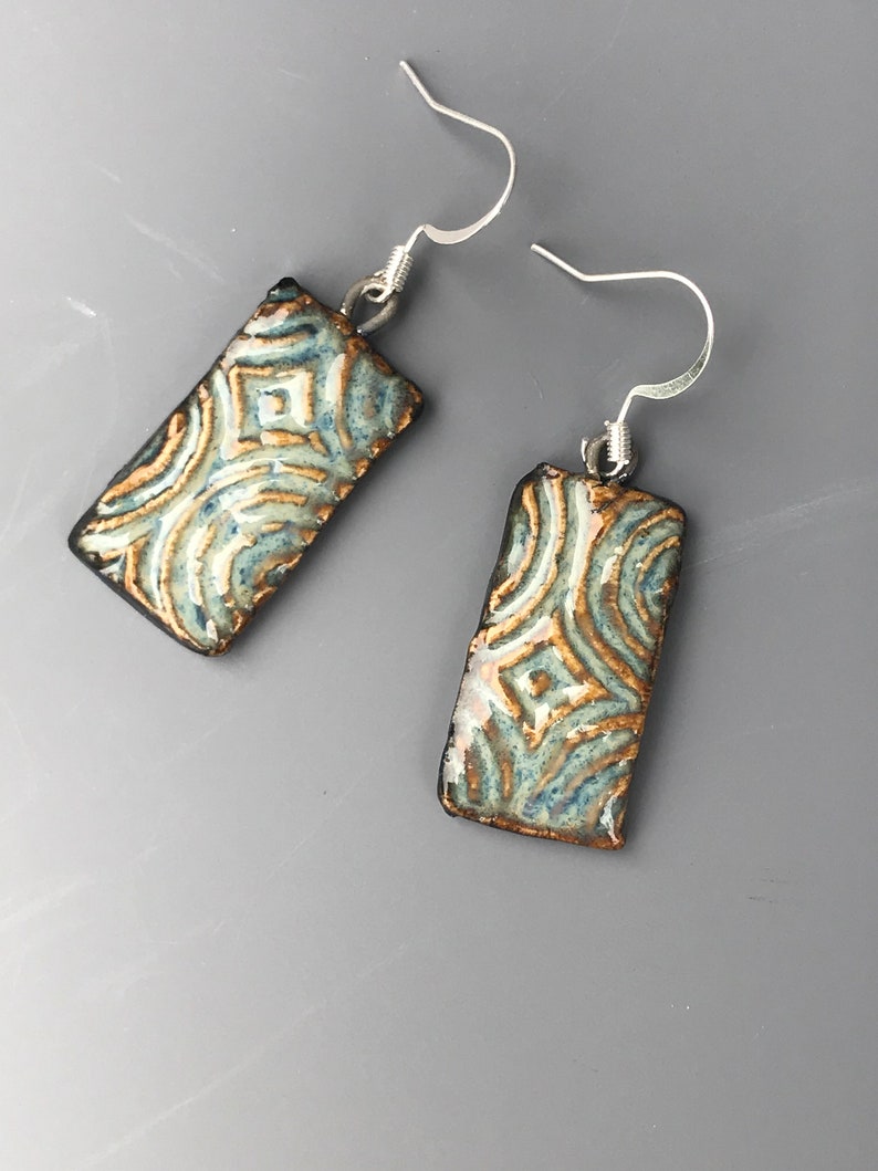 Handmade Ceramic Earrings with Geometric Design Rustic Artisan Earrings Statement Earrings Blue Rectangular Drop Earrings