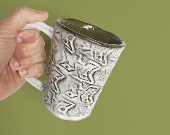 White Stoneware Coffee Mug with "Os Coxae" Design, Unique Handmade Anatomy Mug, 10 oz. Ceramic Coffee Mug, Pottery Mug Handmade