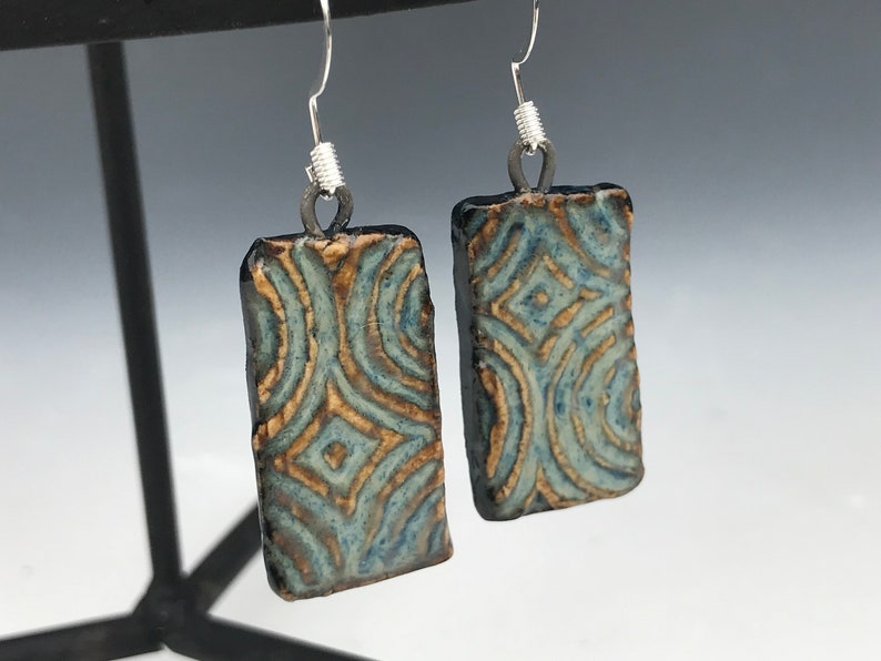 Handmade Ceramic Earrings with Geometric Design Rustic Artisan Earrings Statement Earrings Blue Rectangular Drop Earrings