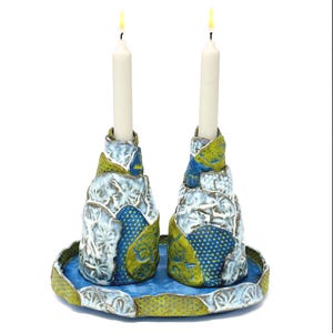 Ceramic Shabbat Candlesticks with Tray – Handmade Judaica Set, Floral Motif in Blue, Green & White Glaze
