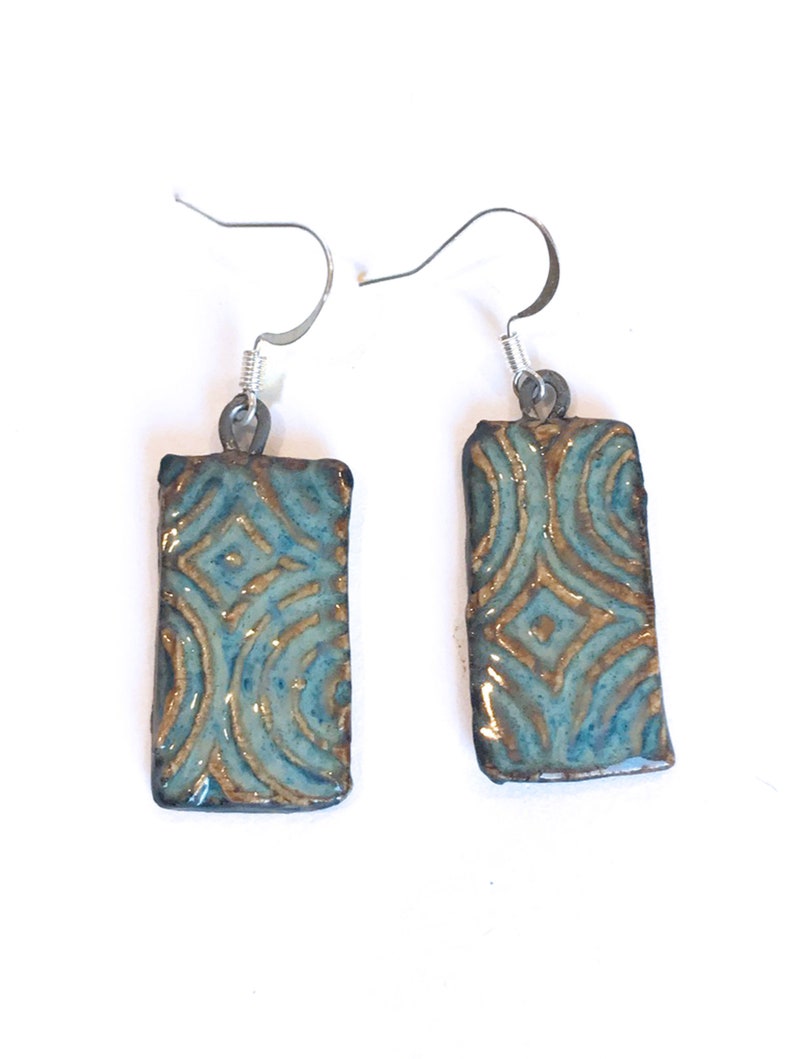Handmade Ceramic Earrings with Geometric Design Rustic Artisan Earrings Statement Earrings Blue Rectangular Drop Earrings