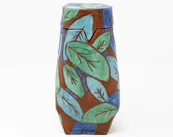 Handmade Ceramic Jar with Lid and Leaf Design