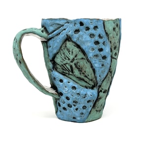 Tasse botanique bleue et verte en grès - Tasse en céramique patchwork texturé