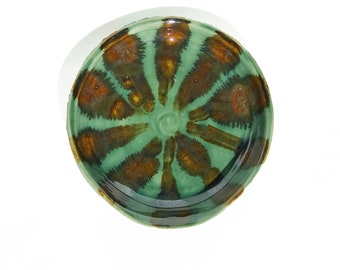 Handmade Ceramic Spoon Rest: Green & Gold Stoneware Pottery
