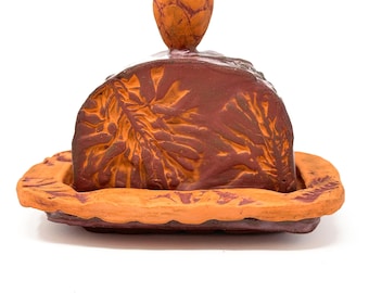 Colorful Handmade Ceramic Butter Dish  with Botanical Texture and Polka Dots: Durable Stoneware and One of a Kind