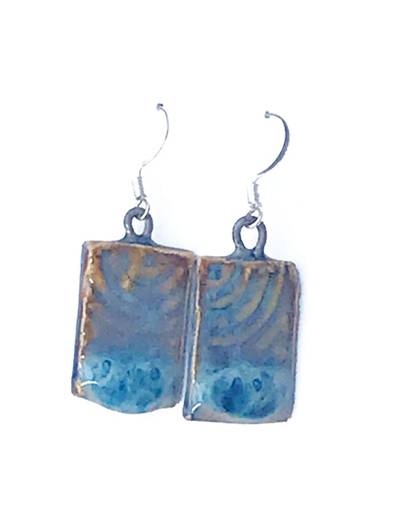 Handmade Ceramic Earrings with Geometric Design Rustic Artisan Earrings Statement Earrings Blue Rectangular Drop Earrings