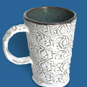 Large White, Blue Rutile Stoneware Coffee Mug, &quot;Os Coxae&quot; Design, Unique Handmade Anatomy Mug, 16 oz. Ceramic Coffee Mug, Large Pottery Mug