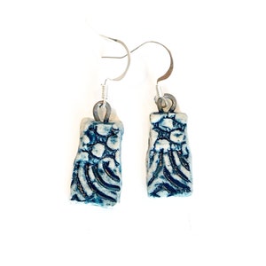 Handmade Ceramic Earrings with Geometric Design Rustic Artisan Earrings Statement Earrings Blue Rectangular Drop Earrings