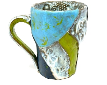 Handmade Blue & Green Stoneware Coffee Mug: Botanical Textured Pottery