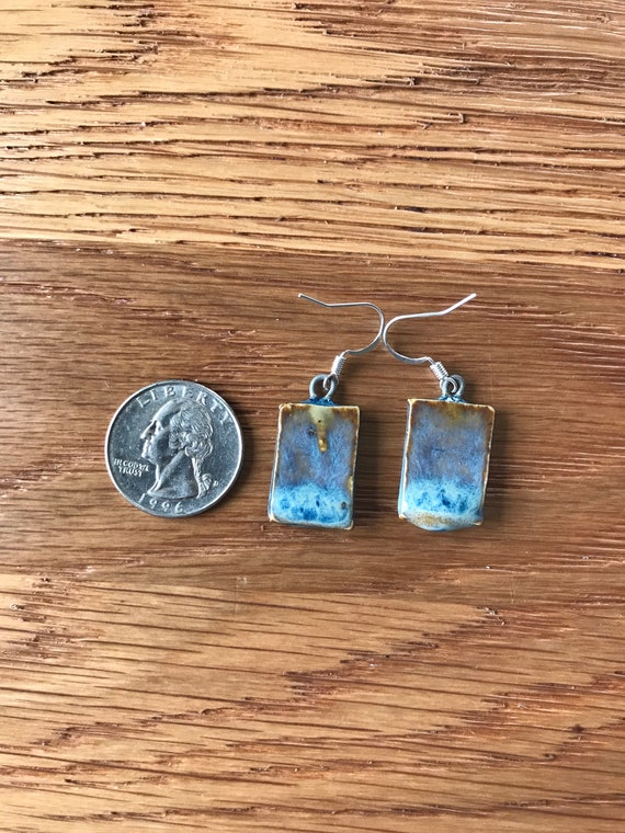 Handmade Ceramic Earrings with Geometric Design Rustic Artisan Earrings Statement Earrings Blue Rectangular Drop Earrings