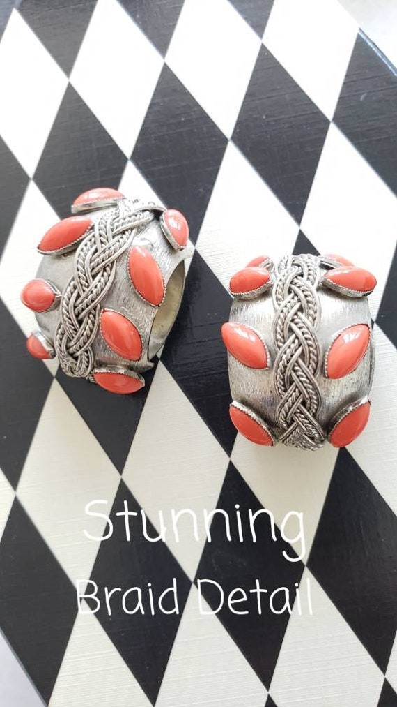 Vintage Silver Tone Metal with Faux Coral Cabocho… - image 10
