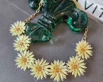 Vintage 1960's Yellow Celluloid Daisy Flower Choker Necklace  with Citrine Rhinestones/ Hook Clasp Gold Tone Metal/ Retro Jewelry/