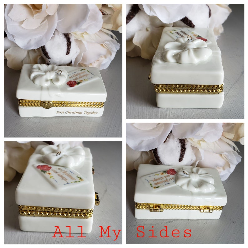 Vintage Christmas Trinket Box Porcelain Ornament Hinged Box Year 2000 20th Anniversary Married at Christmas New Century Presentation Box