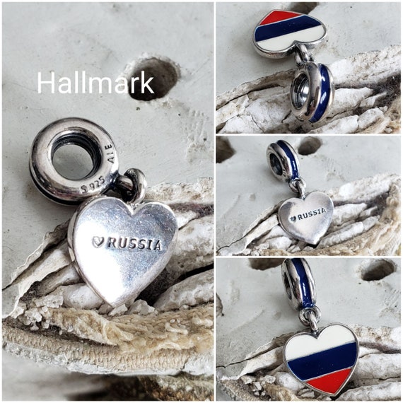 Authentic Pandora Russia Heart Flag Dangle Charm Red Blue White