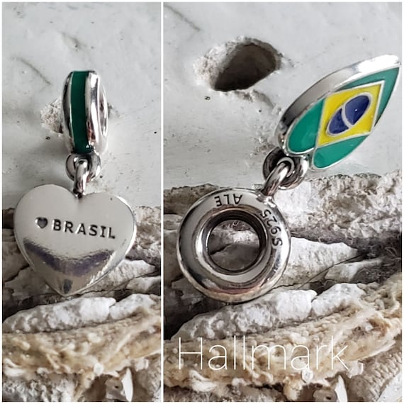 Authentic Pandora Brazil Heart Flag Dangle Charm Green Yellow Blue