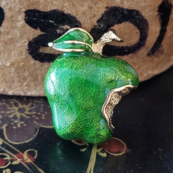 Vintage Shimmer Green Enamel Bitten Apple Brooch Pin Set over Gold Tone Metal Not Signed 1970s Adam & Eve Granny Smith Nostalgic Gift to BFF