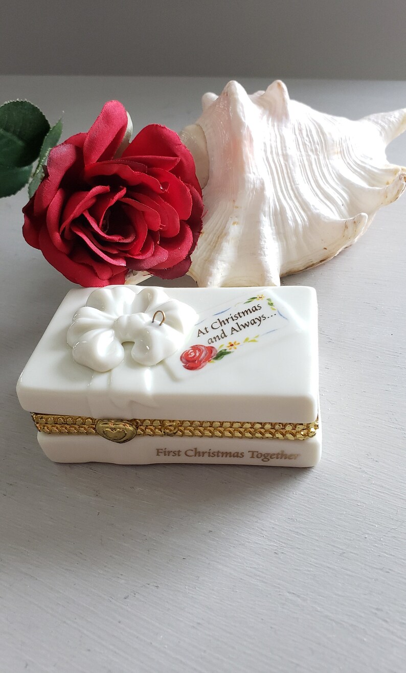 Vintage Christmas Trinket Box Porcelain Ornament Hinged Box Year 2000 20th Anniversary Married at Christmas New Century Presentation Box