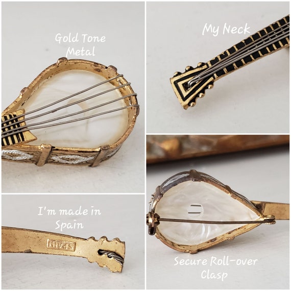 Vintage Demascene Spanish Banjo Brooch Pin Gold T… - image 3