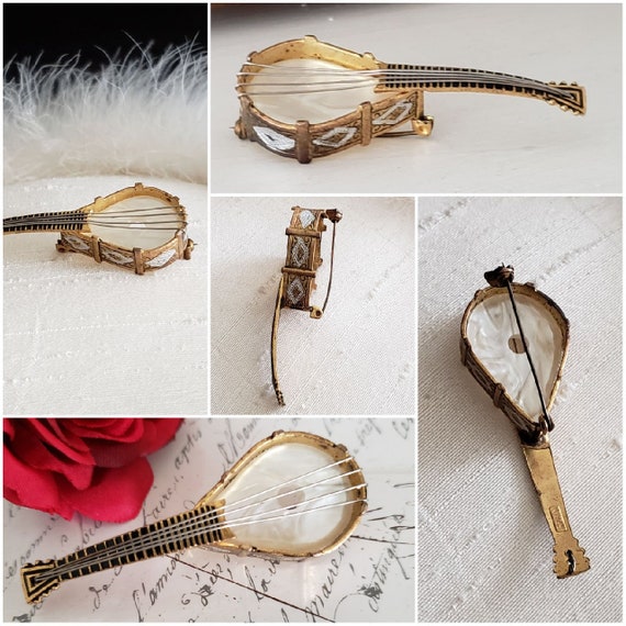 Vintage Demascene Spanish Banjo Brooch Pin Gold T… - image 6