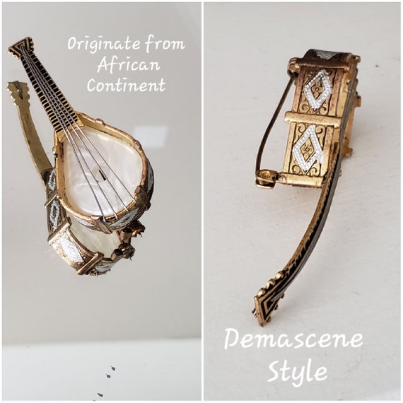 Vintage Demascene Spanish Banjo Brooch Pin Gold T… - image 5