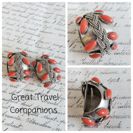 Vintage Silver Tone Metal with Faux Coral Cabocho… - image 6