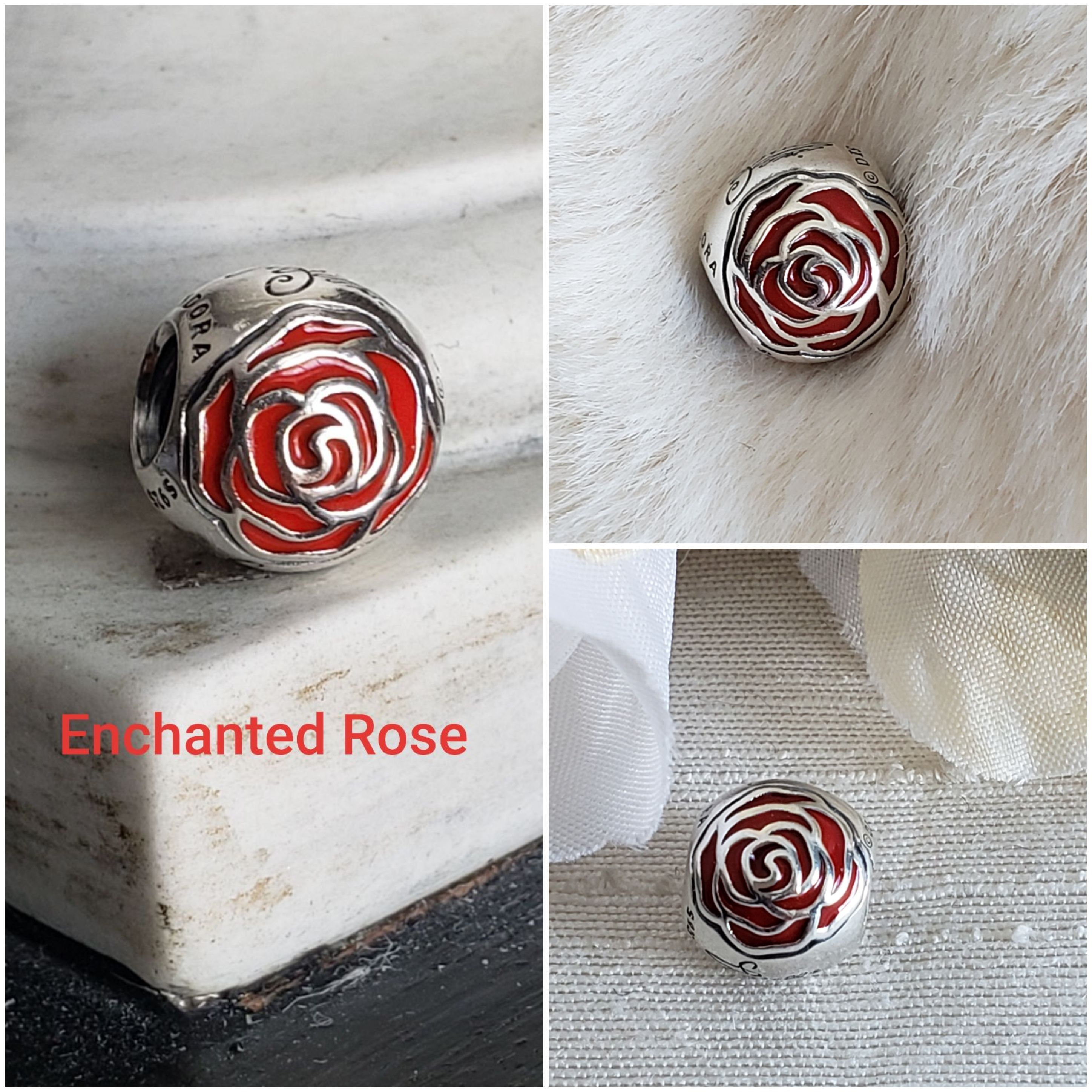 Authentic Pandora Disney Belle's Enchanted Rose Red Enamel