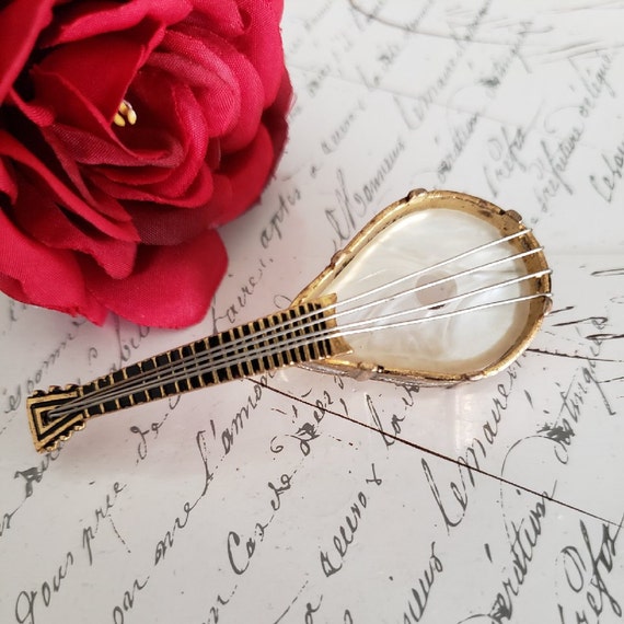 Vintage Demascene Spanish Banjo Brooch Pin Gold T… - image 1