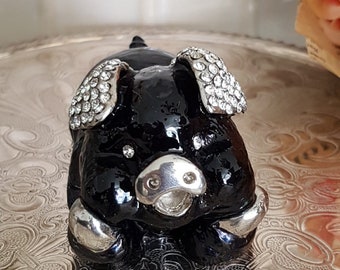 Black Enamel Piglet Brass Hinged Trinket Box with Encrusted Clear Crystals Ears and Eyes/ Pill box/ Ring Box/ Jewelry Box/ Tooth Fairy Box
