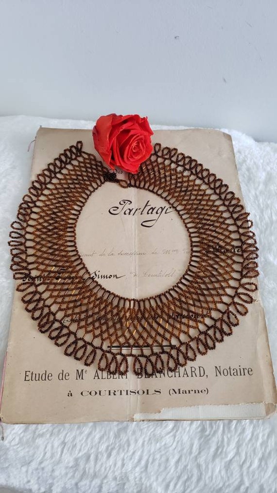 Vintage Brown Gold Glass Beaded Lace Collar Neckla
