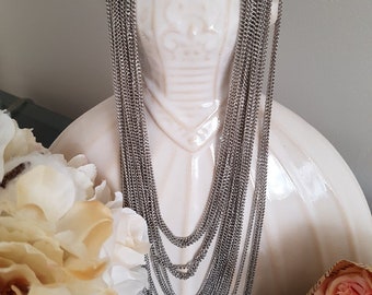 Stunning Vintage 18 Strand Multi Strand Cascading Liquid Silver Tone Metal Necklace w/ Adjustable Hook Clasp