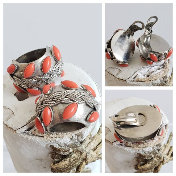 Vintage Silver Tone Metal with Faux Coral Cabocho… - image 9
