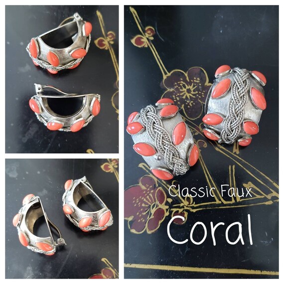 Vintage Silver Tone Metal with Faux Coral Cabocho… - image 7